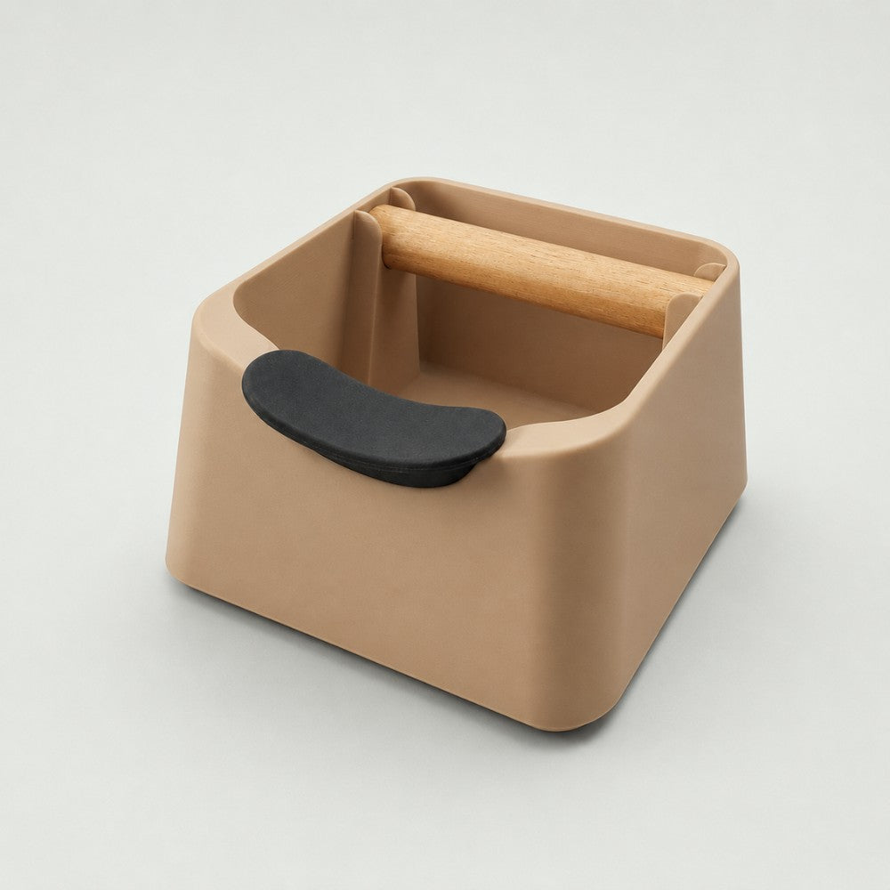 3-in-1 Espresso Knock Box with Portafilter Stand & Oak Wood Knock Bar Matte Latte Brown