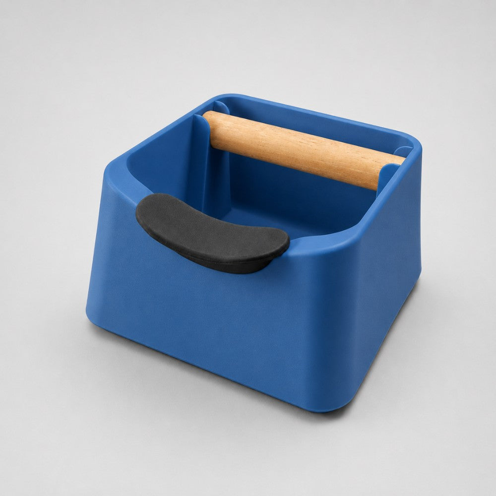 3-in-1 Espresso Knock Box with Portafilter Stand & Oak Wood Knock Bar Matte Marine Blue