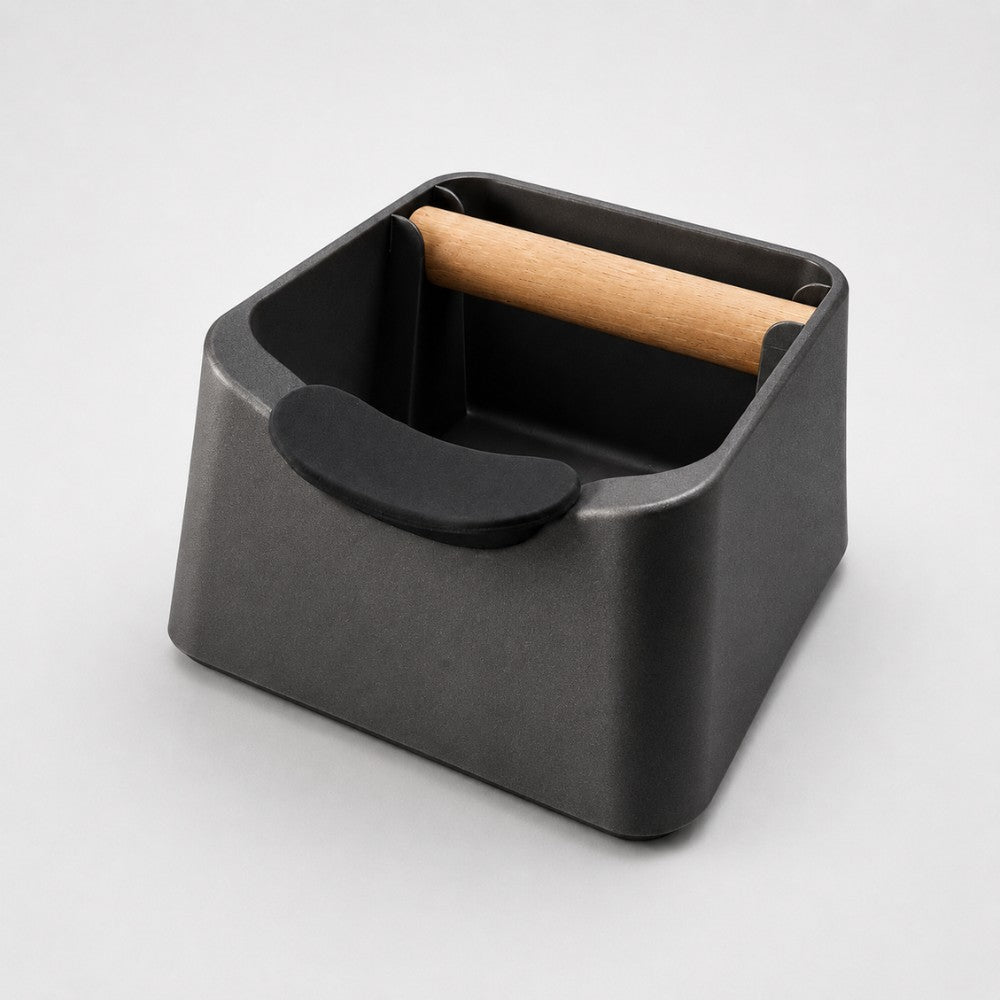 3-in-1 Espresso Knock Box with Portafilter Stand & Oak Wood Knock Bar Metallic Black