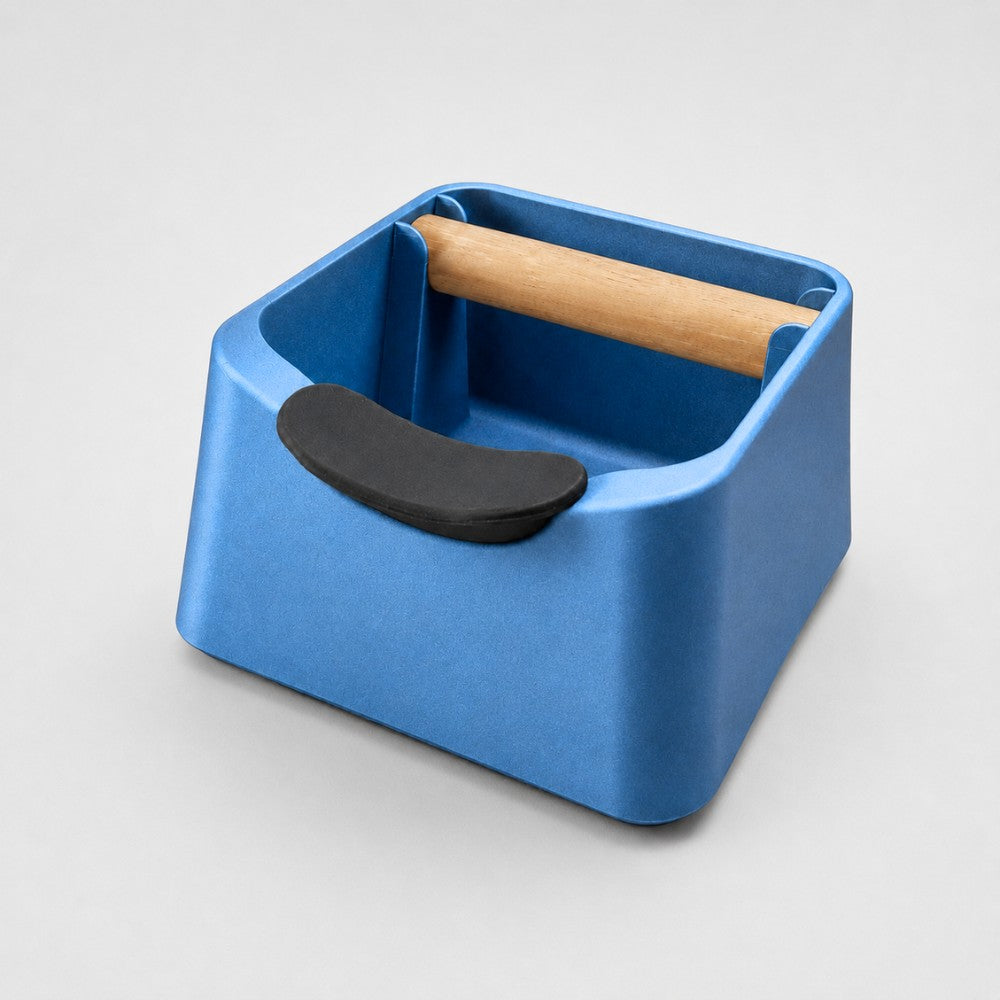 3-in-1 Espresso Knock Box with Portafilter Stand & Oak Wood Knock Bar Metallic Blue