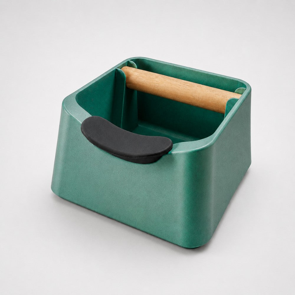 3-in-1 Espresso Knock Box with Portafilter Stand & Oak Wood Knock Bar Metallic Green