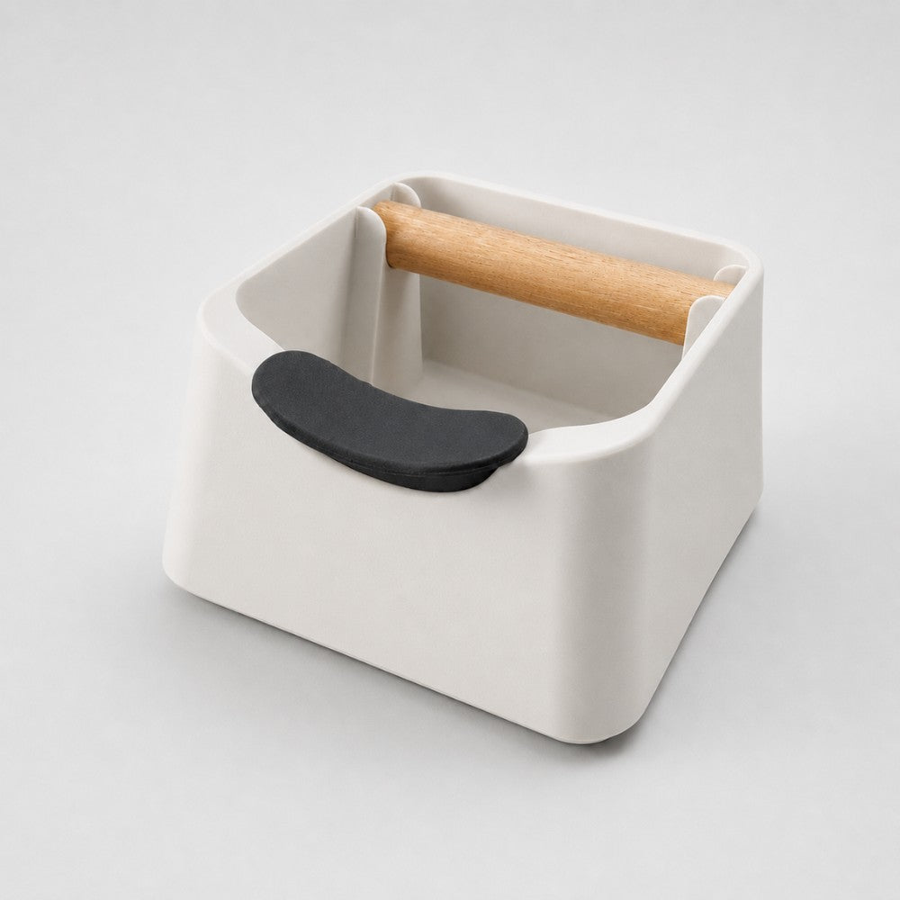 3-in-1 Espresso Knock Box with Portafilter Stand & Oak Wood Knock Bar Matte Off White