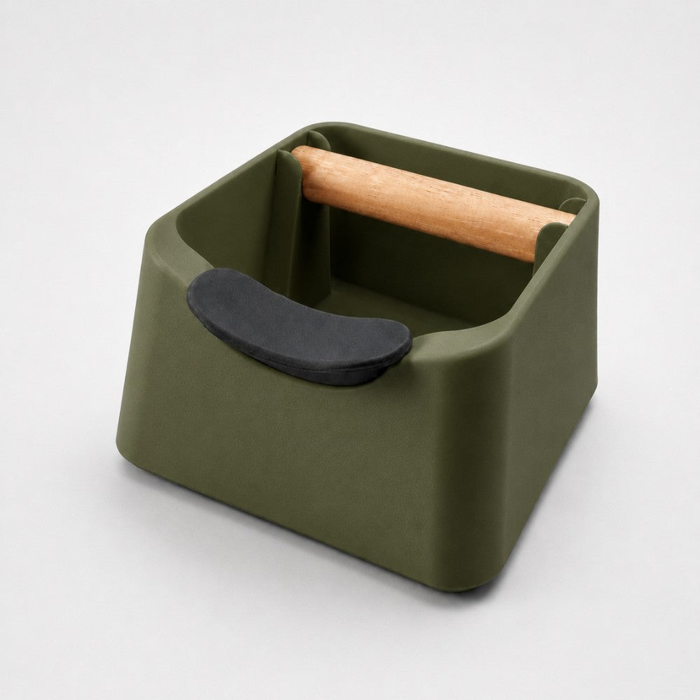 3-in-1 Espresso Knock Box with Portafilter Stand & Oak Wood Knock Bar Matte Olive Green