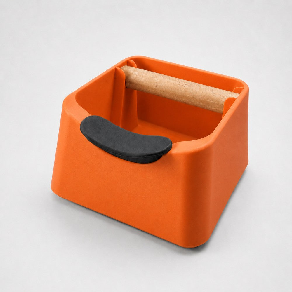 3-in-1 Espresso Knock Box with Portafilter Stand & Oak Wood Knock Bar Matte Mandarin Orange