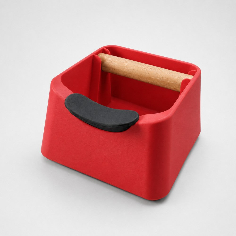3-in-1 Espresso Knock Box with Portafilter Stand & Oak Wood Knock Bar Matte Scarlet Red