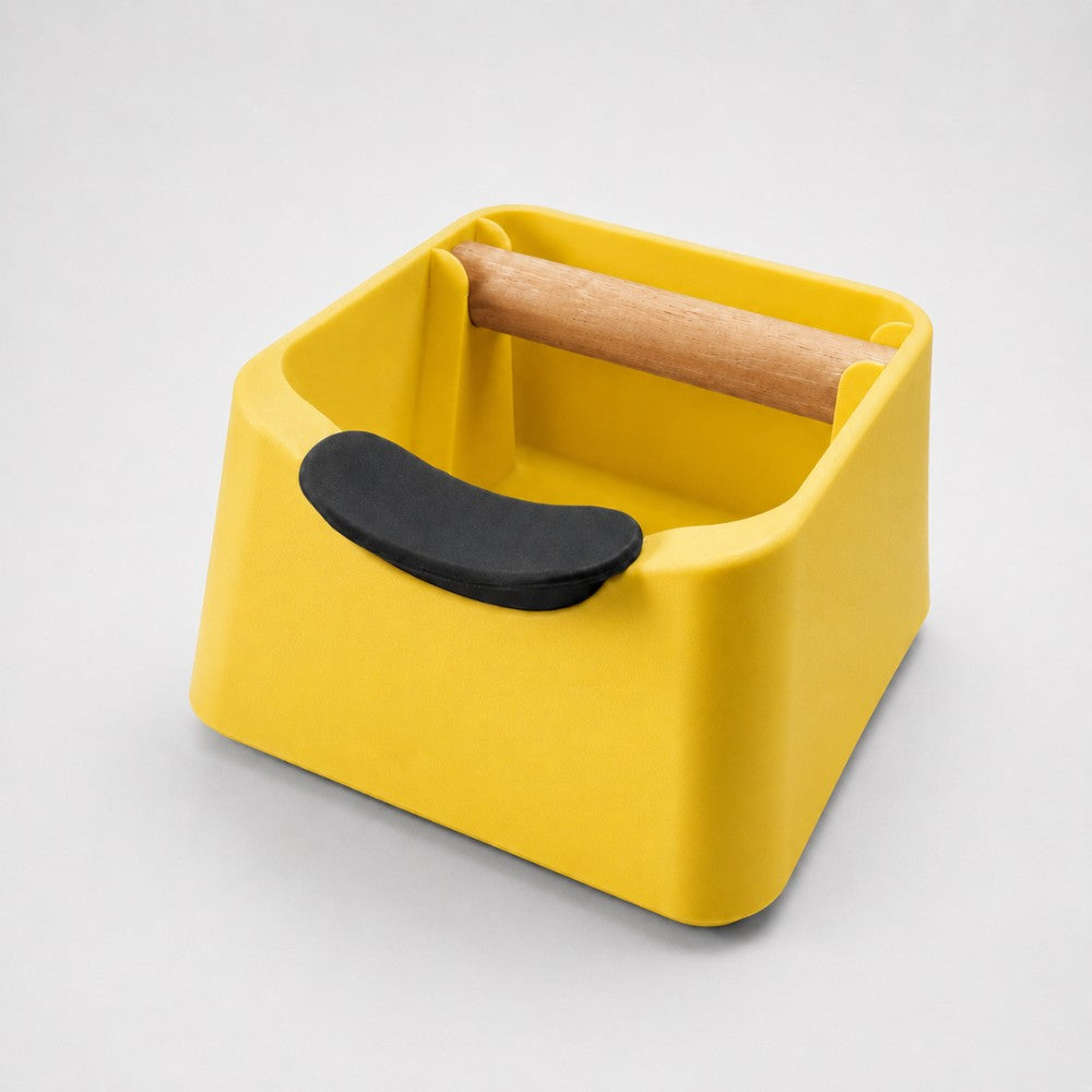 3-in-1 Espresso Knock Box with Portafilter Stand & Oak Wood Knock Bar Matte Lemon Yellow
