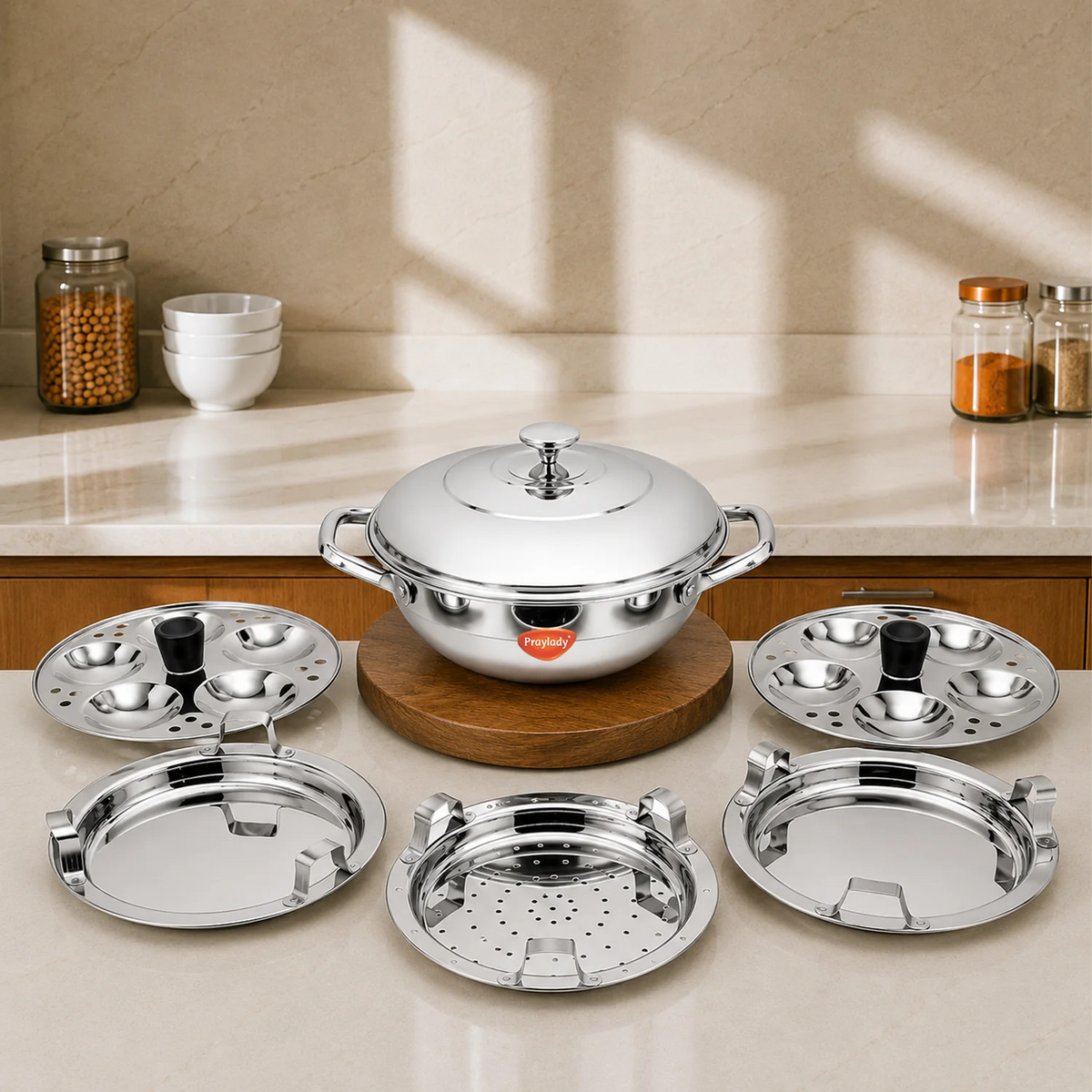 Mini Multi Kadai 21 cm Idli Pot Dhokla Momo Steamer 10 Idlis 2 Idli Plates 1 Dhokla Plate 1 Steamer Plate