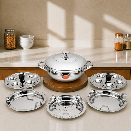 Mini Multi Kadai 21 cm Idli Pot Dhokla Momo Steamer 10 Idlis 2 Idli Plates 1 Dhokla Plate 1 Steamer Plate