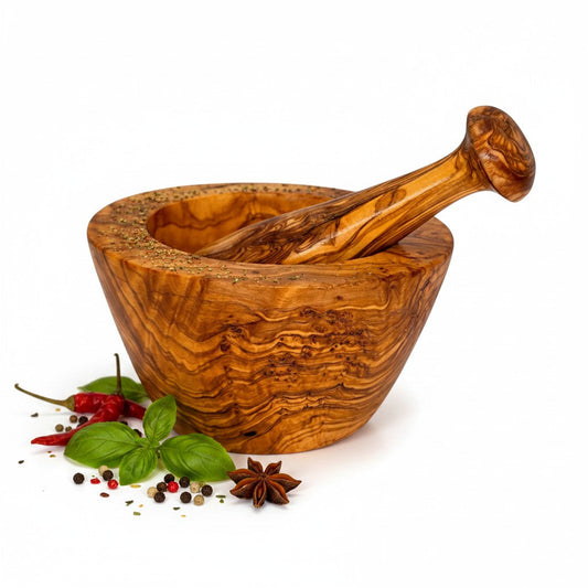 Handcrafted Olive Wood Mortar and Pestle Set – Hand-Carved Natural Spice Grinder & Herb Crusher – Rustic Kitchen Essential (Sizes 8cm to 16cm)