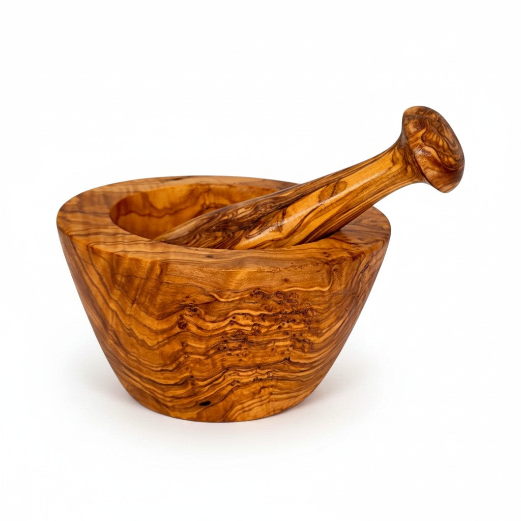 Handcrafted Olive Wood Mortar and Pestle Set – Hand-Carved Natural Spice Grinder & Herb Crusher – Rustic Kitchen Essential (Sizes 8cm to 16cm)
