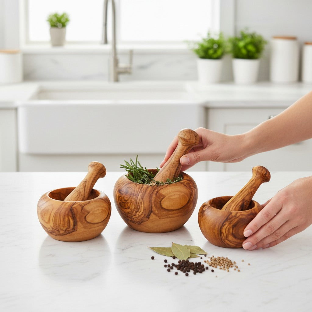 Handmade Olive Wood Round Mortar and Pestle Set | Hand-Turned Wooden Spice Herb Salt & Pepper Grinder | Unique Natural Grain | 8–16 cm