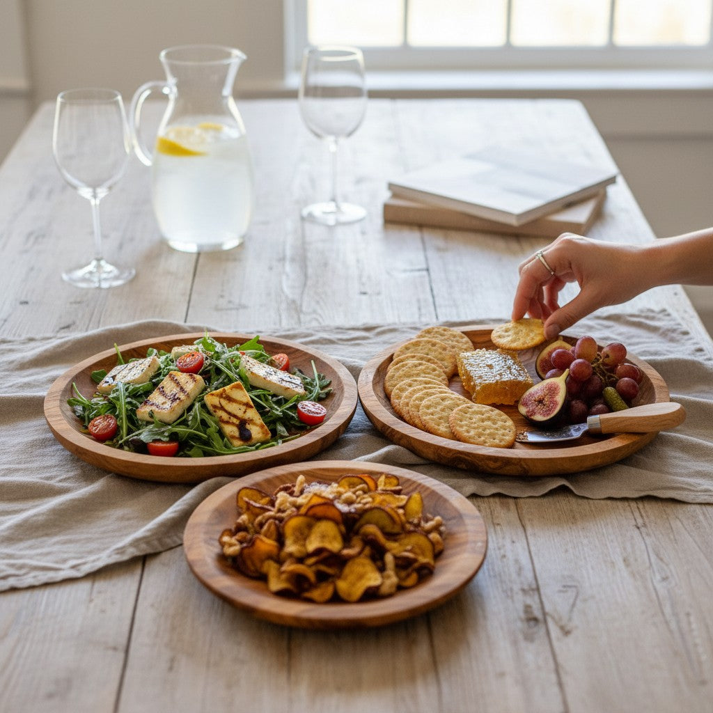 Olive Wood Round Serving Plates Set | 21cm 25cm 28cm Serving Platter Dishes