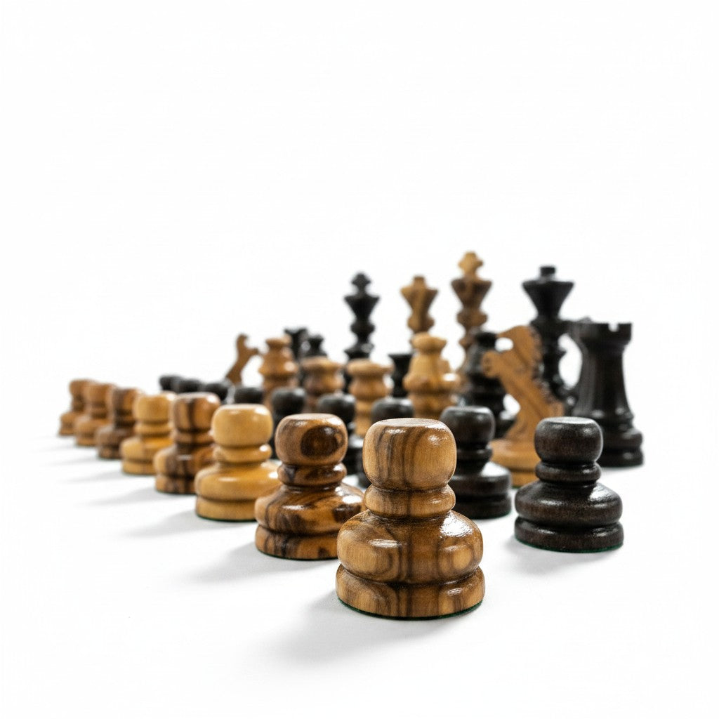 Handcrafted Olive Wood Chess Pieces Set of 32 - Wooden Chessmen Small