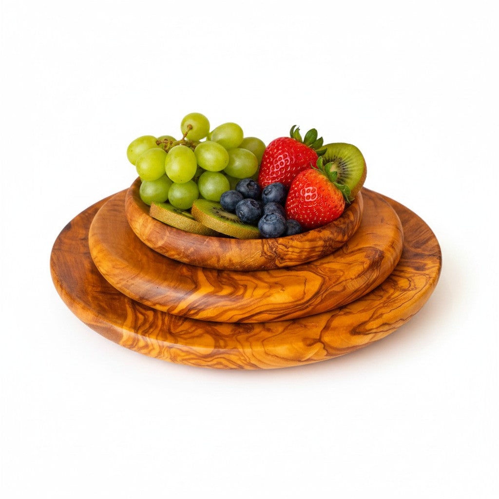 Olive Wood Circular Serving Board Platter | Round Wooden Serving Tray Set