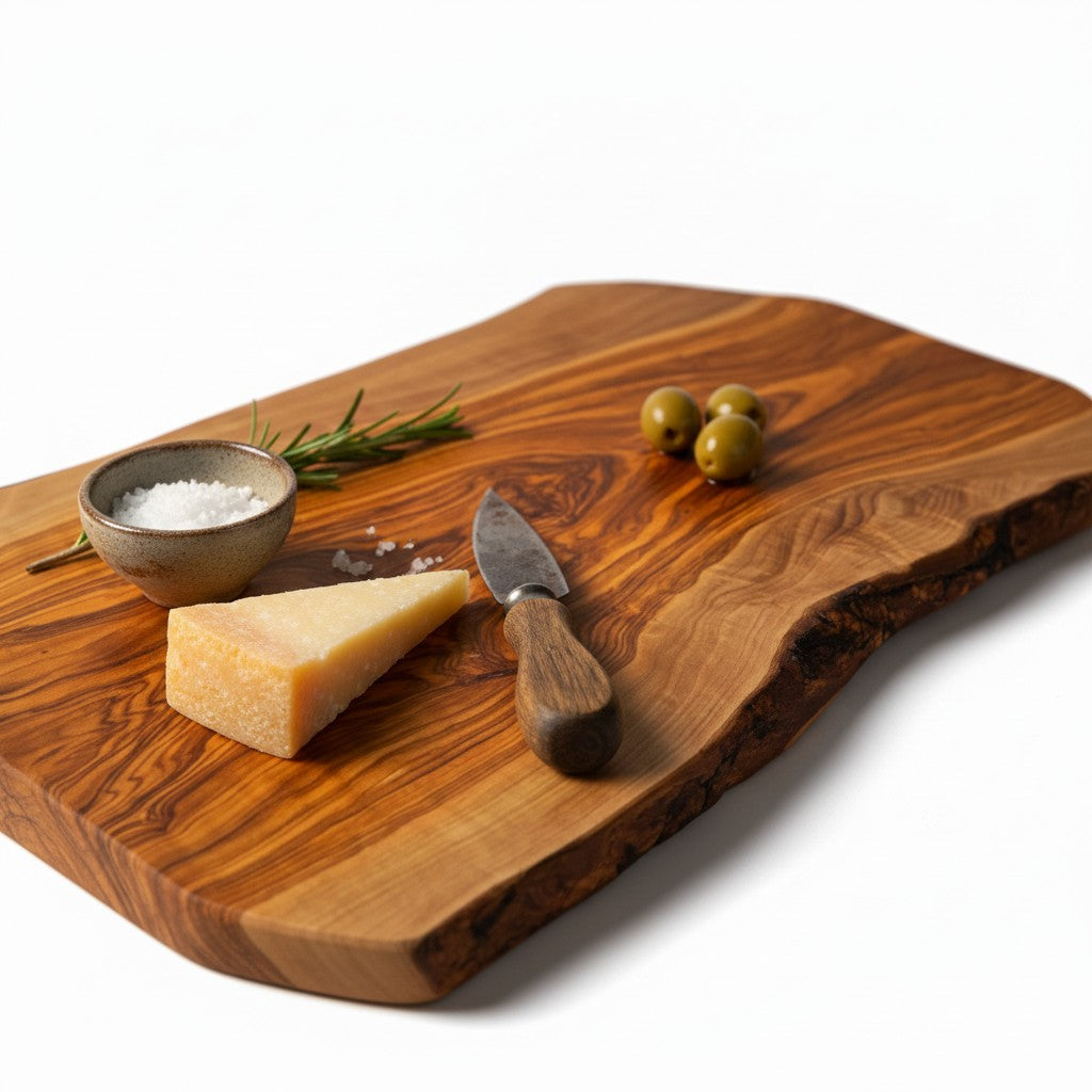 Handmade Olive Wood Live Edge Cutting Board — Rustic Grazing & Serving Board | Natural Bark Edge | Choose Your Size