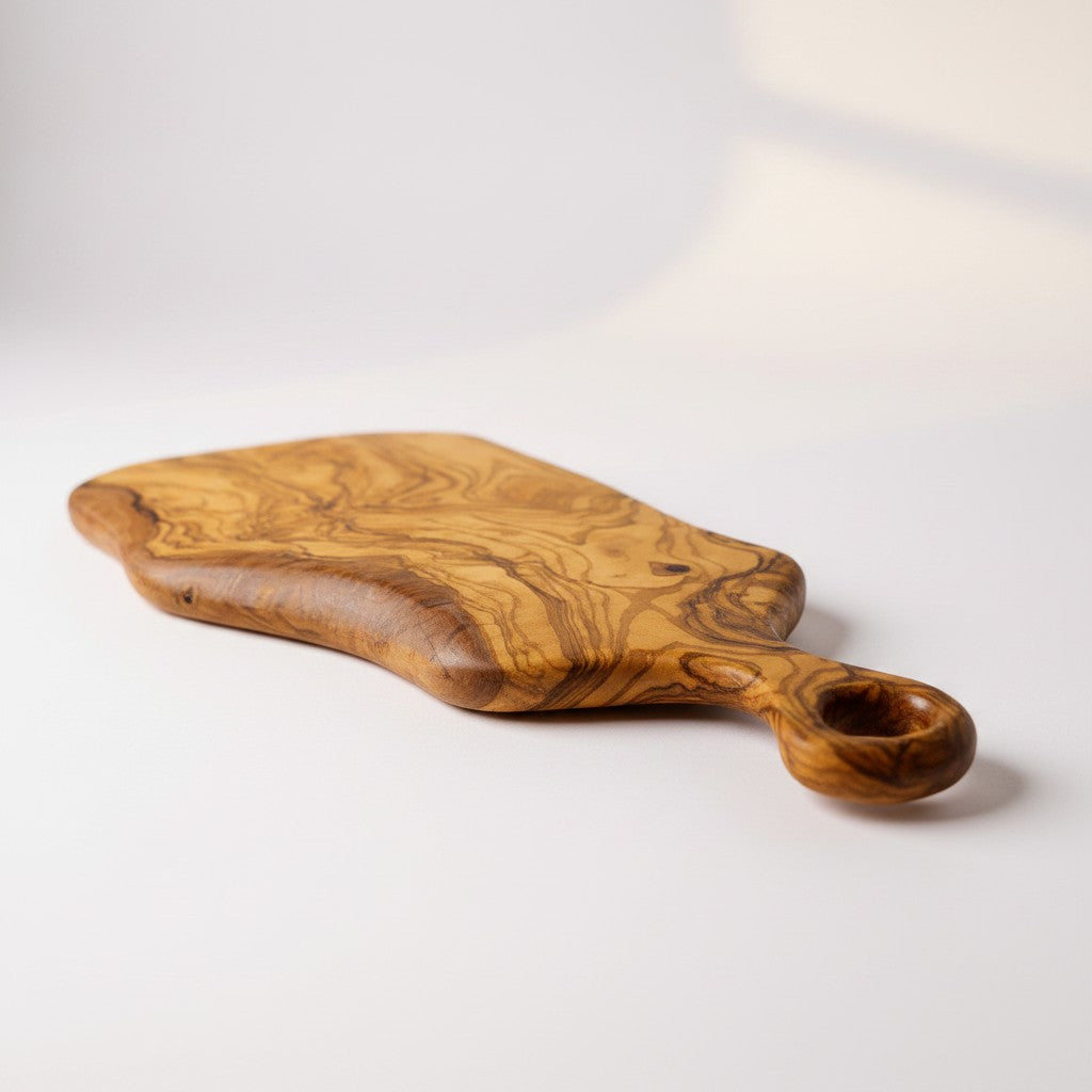 Handcrafted Olive Wood Serving Board - Live Edge Serving Platter with Handle - Natural Rustic Cheese Board & Cutting Surface