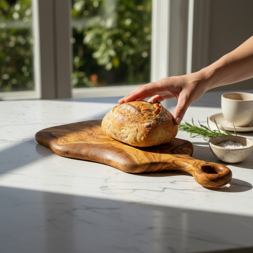 Handcrafted Olive Wood Serving Board - Live Edge Serving Platter with Handle - Natural Rustic Cheese Board & Cutting Surface
