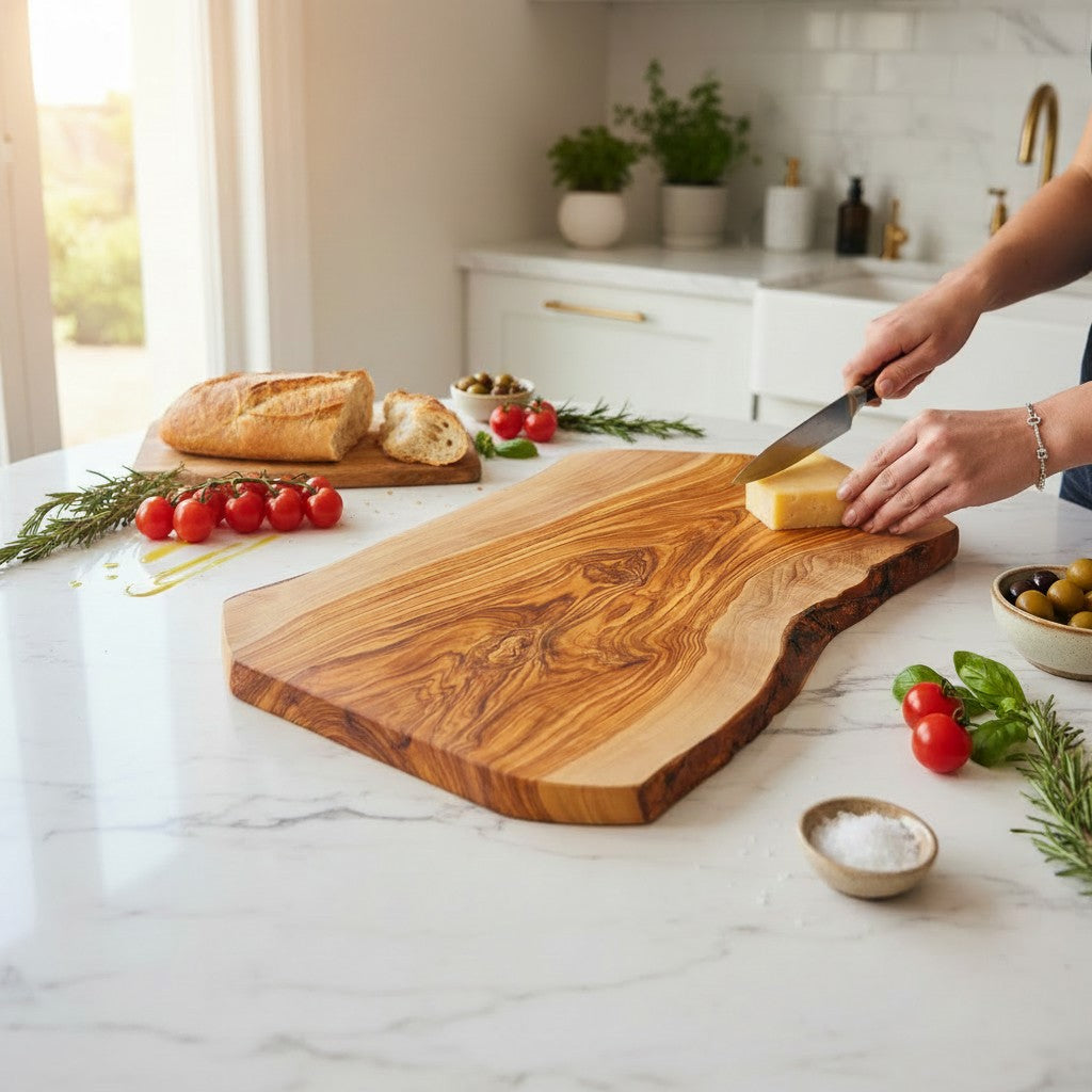Handmade Olive Wood Live Edge Cutting Board — Rustic Grazing & Serving Board | Natural Bark Edge | Choose Your Size