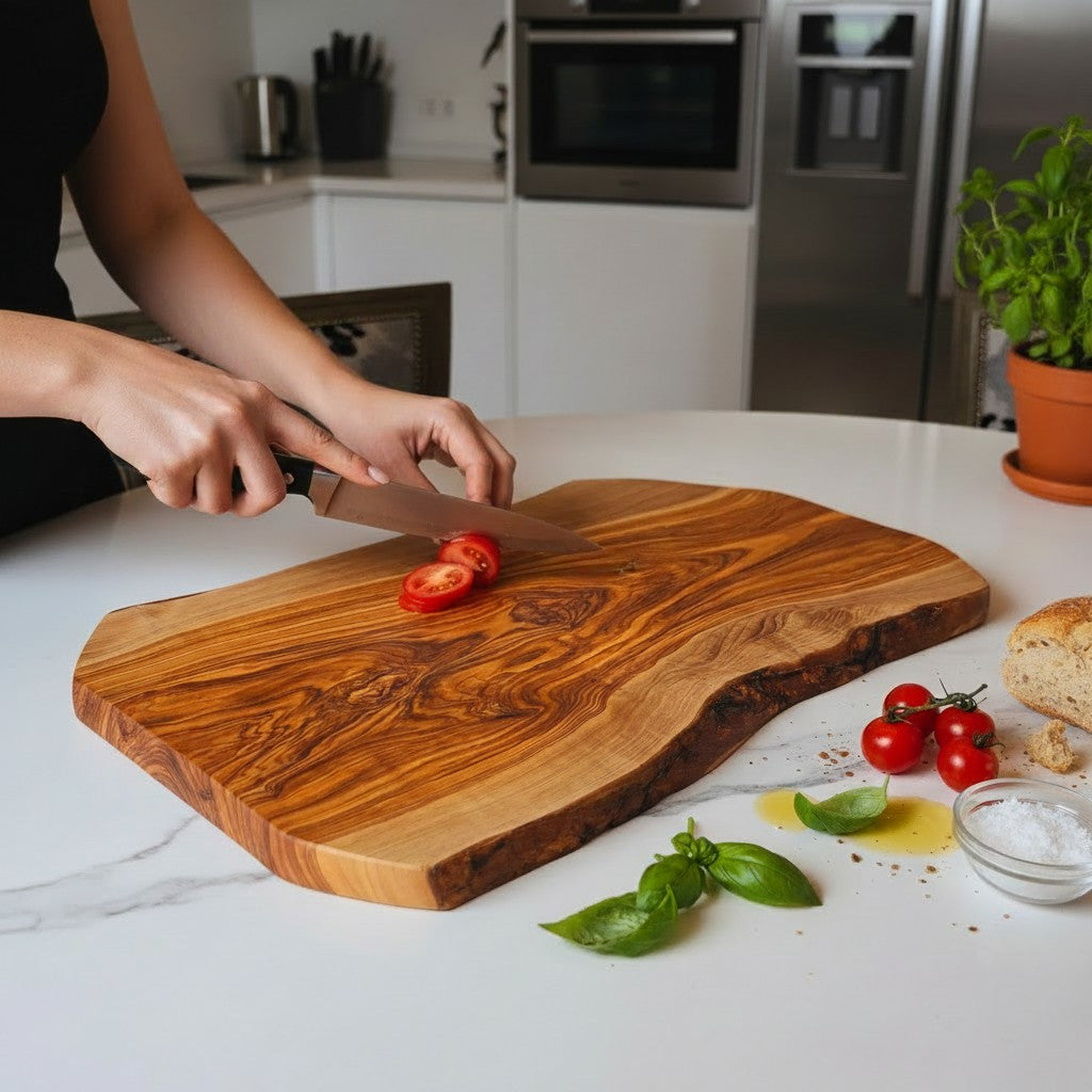 Handmade Olive Wood Live Edge Cutting Board — Rustic Grazing & Serving Board | Natural Bark Edge | Choose Your Size