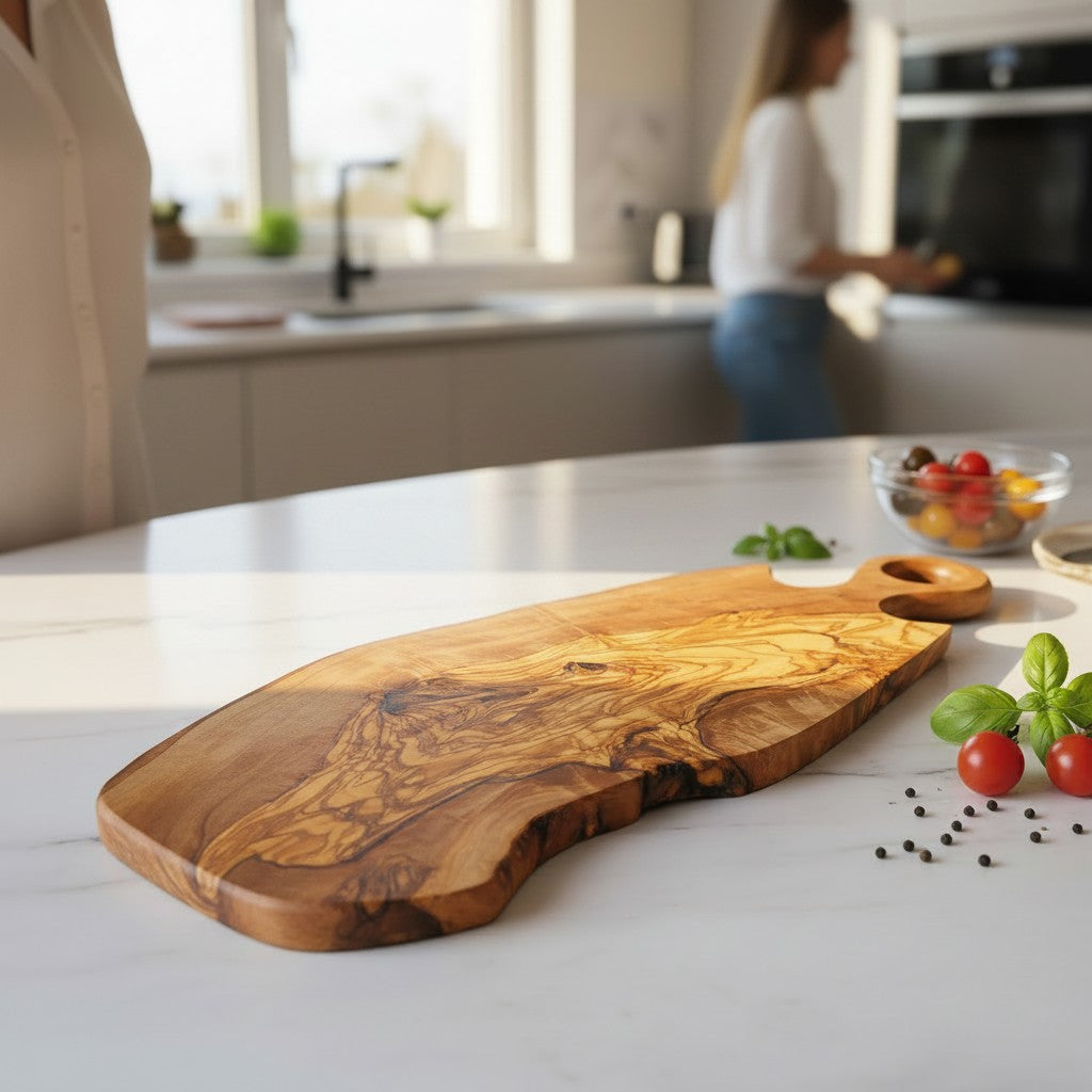 Handmade Olive Wood Freeform Serving Board with Round Loop Handle | Live Edge Cheese Grazing & Antipasti Board | Unique Grain | 35–50 cm