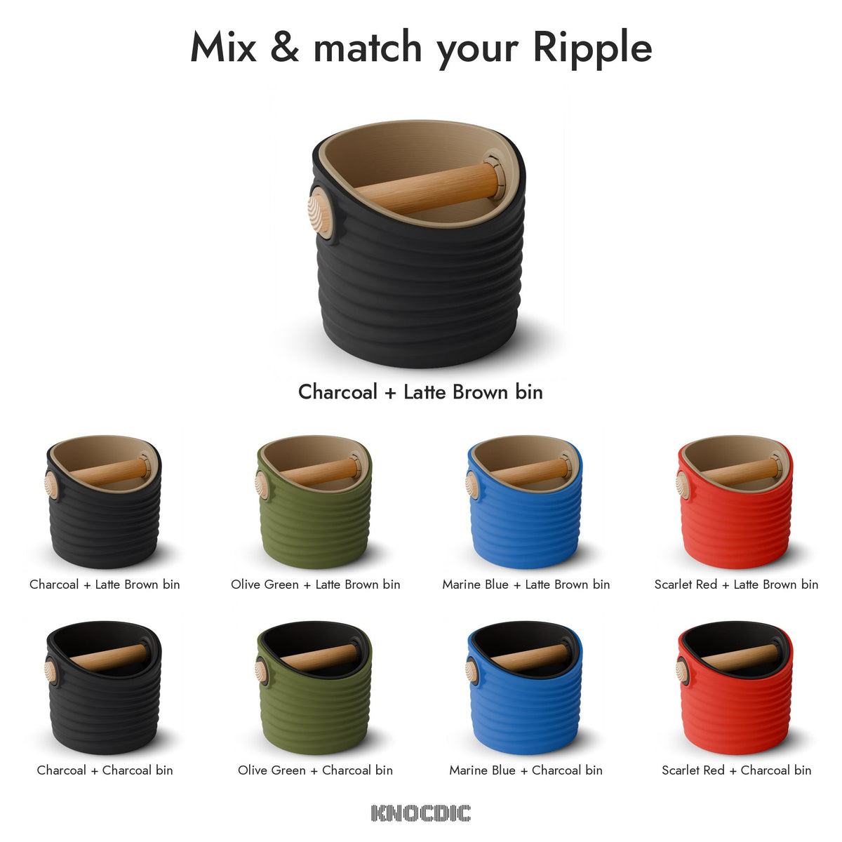 Rippled Round Espresso Knock Box, Two-Tone with Oak Bar