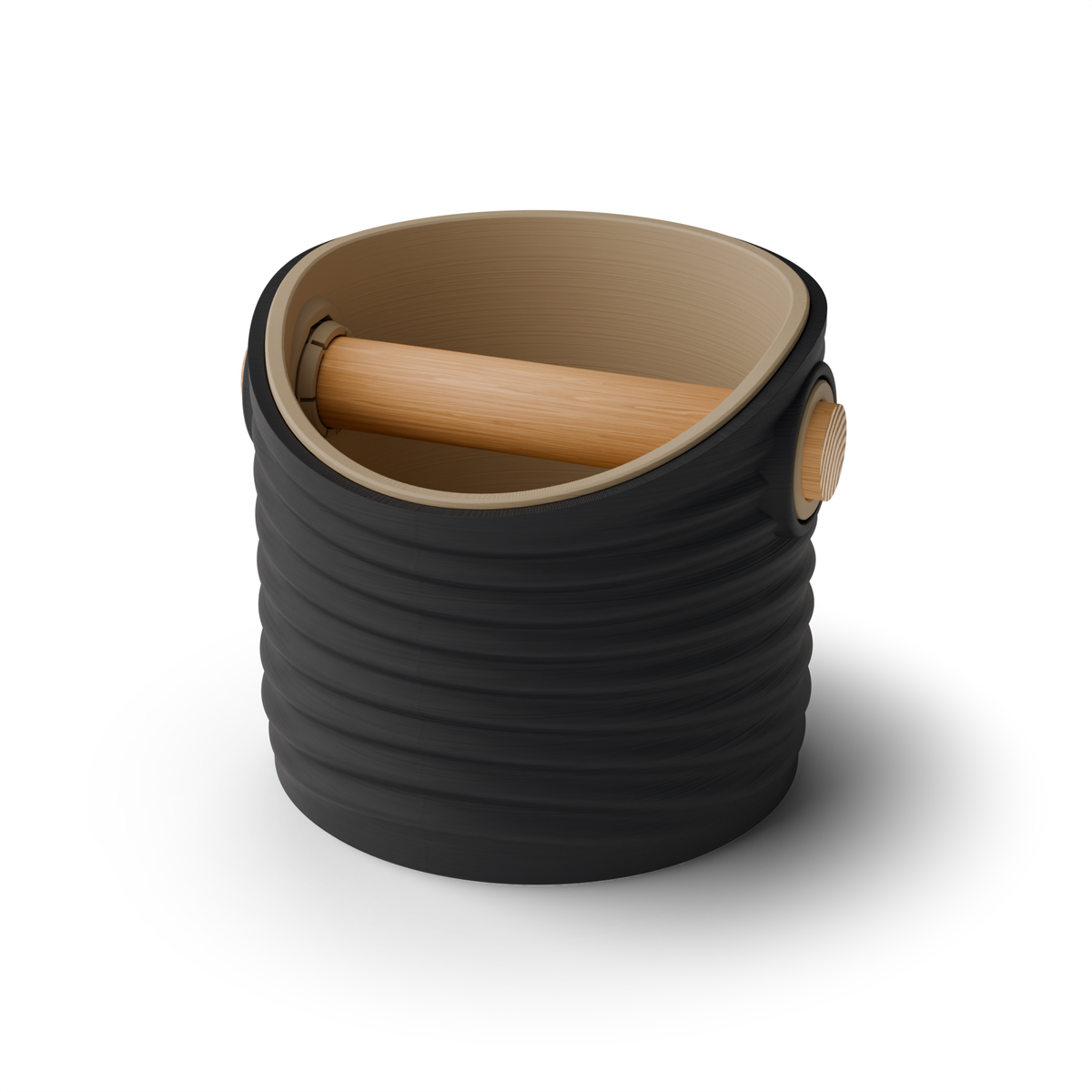 Rippled Round Espresso Knock Box, Two-Tone with Oak Bar Charcoal Latte Brown