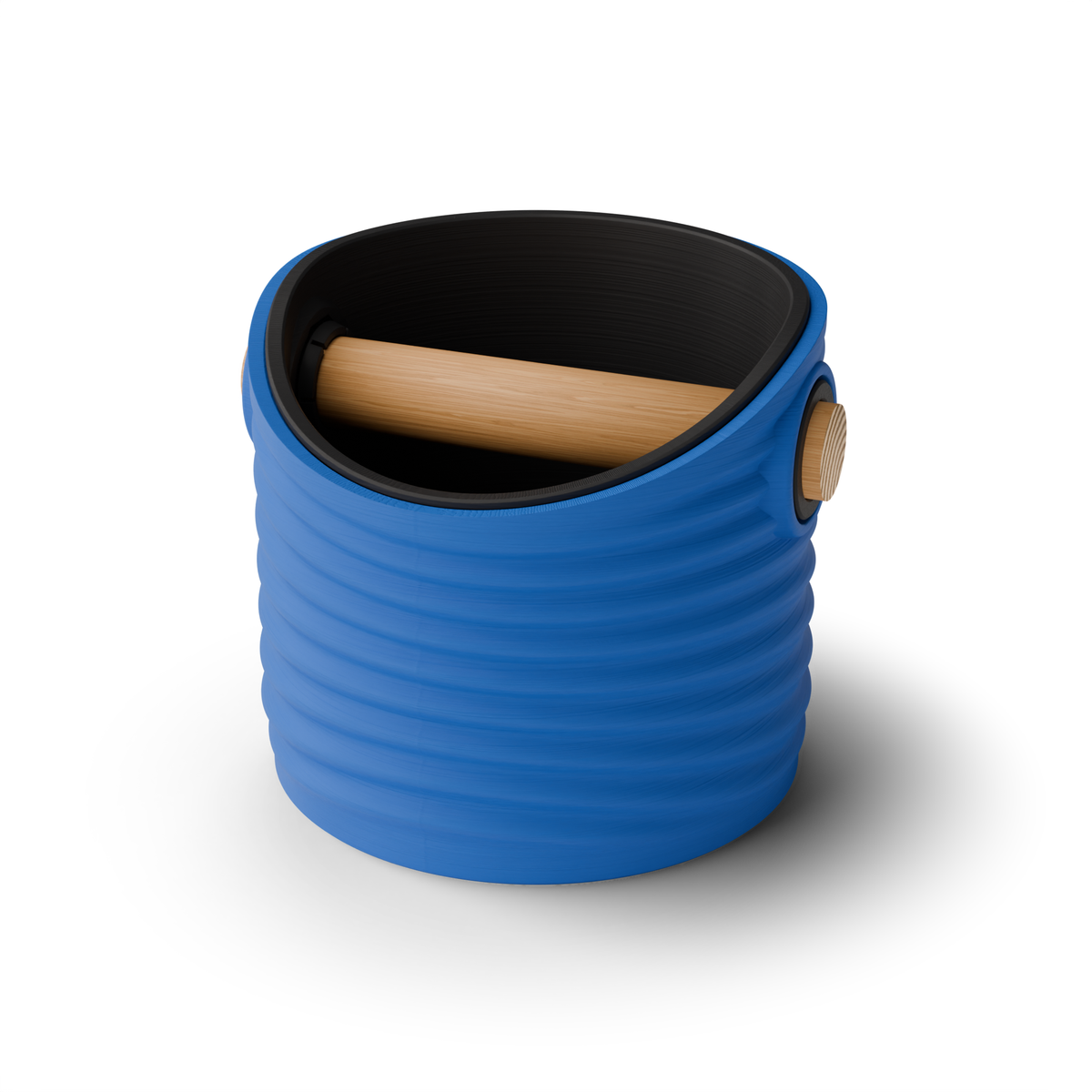 Rippled Round Espresso Knock Box, Two-Tone with Oak Bar Marine Blue Charcoal