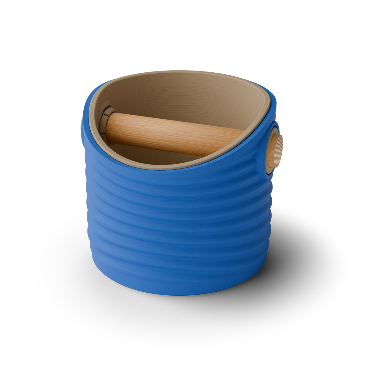 Rippled Round Espresso Knock Box, Two-Tone with Oak Bar Marine Blue Latte Brown
