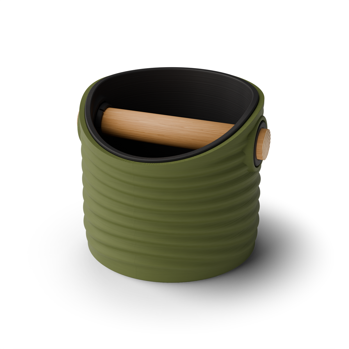 Rippled Round Espresso Knock Box, Two-Tone with Oak Bar Olive Green Charcoal