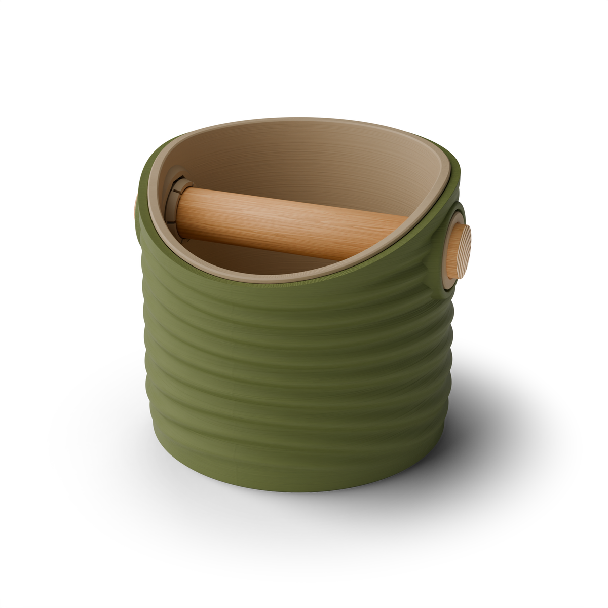 Rippled Round Espresso Knock Box, Two-Tone with Oak Bar Olive Green Latte Brown