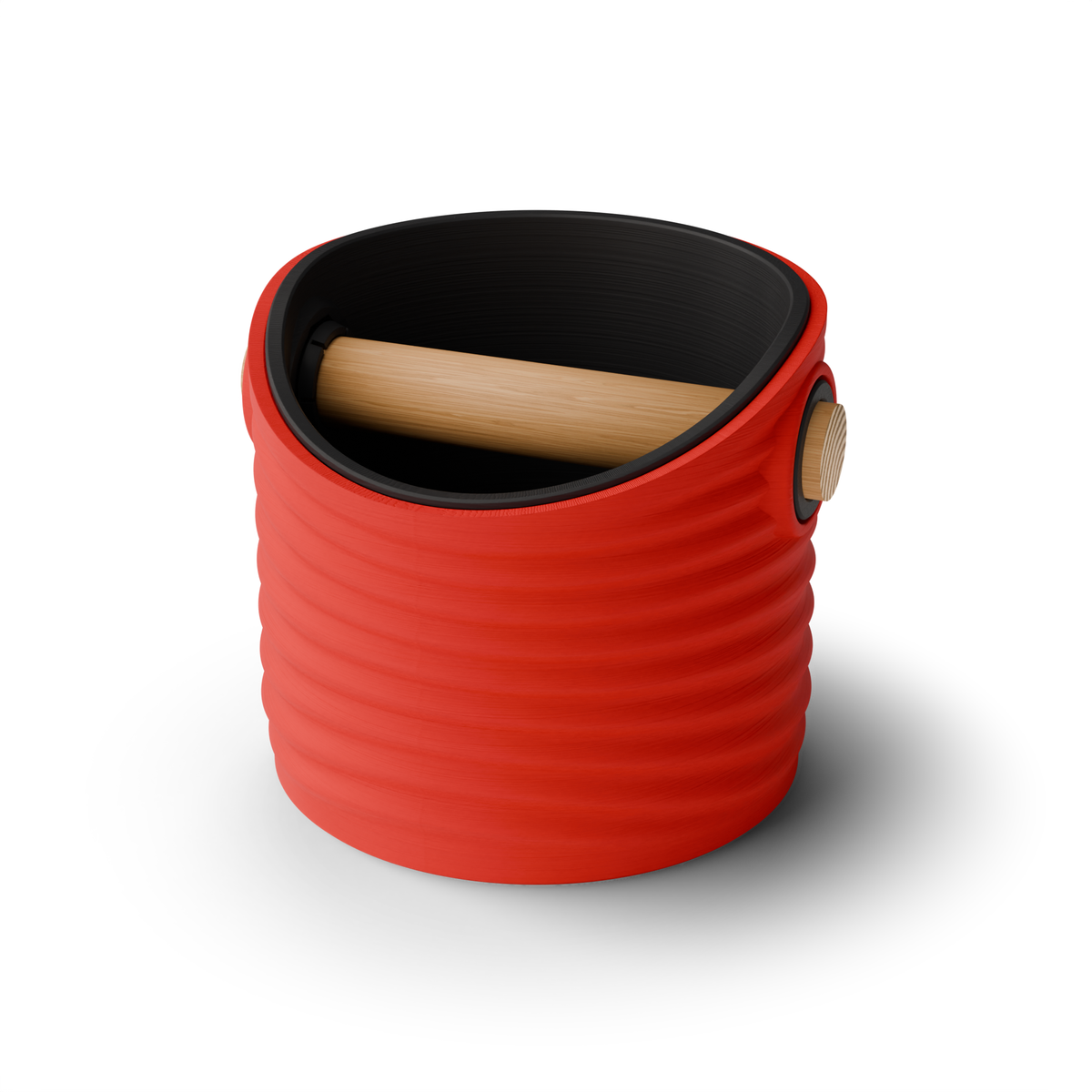 Rippled Round Espresso Knock Box, Two-Tone with Oak Bar Scarlet Red Charcoal