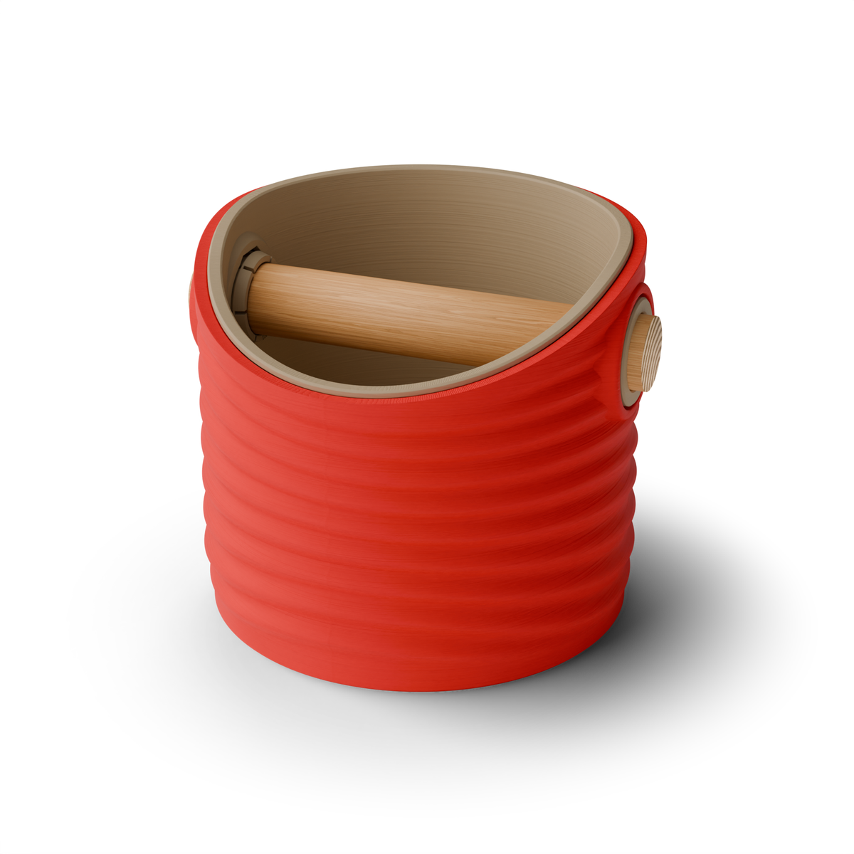 Rippled Round Espresso Knock Box, Two-Tone with Oak Bar Scarlet Red Latte Brown