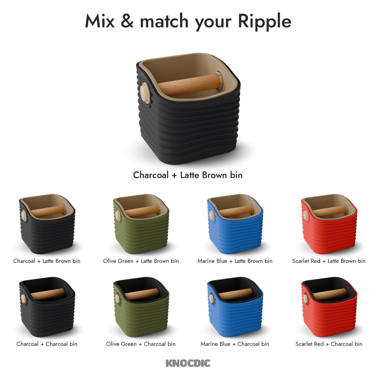 Rippled Rounded Square Espresso Knock Box, Two-Tone with Oak Bar