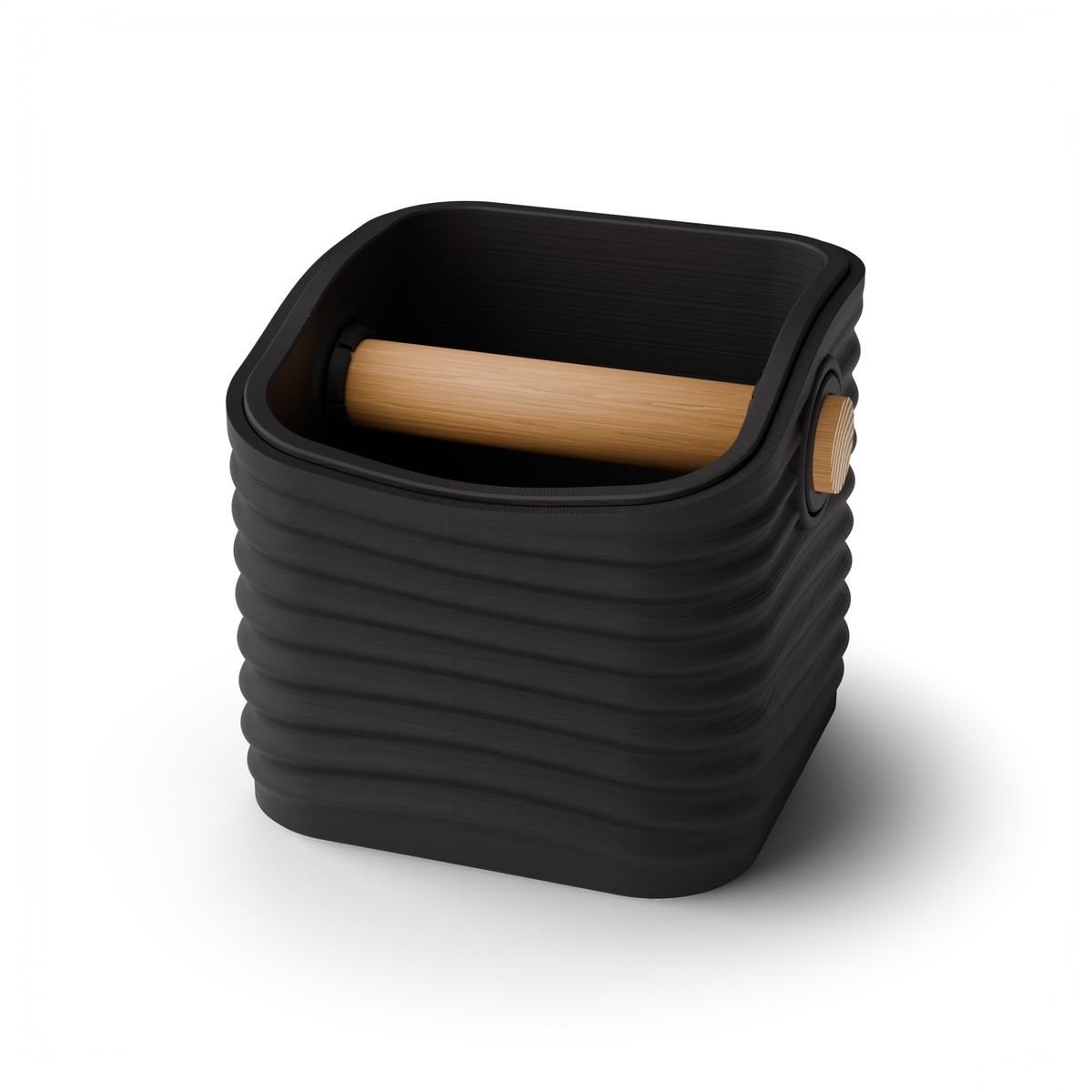 Rippled Rounded Square Espresso Knock Box, Two-Tone with Oak Bar Charcoal Charcoal