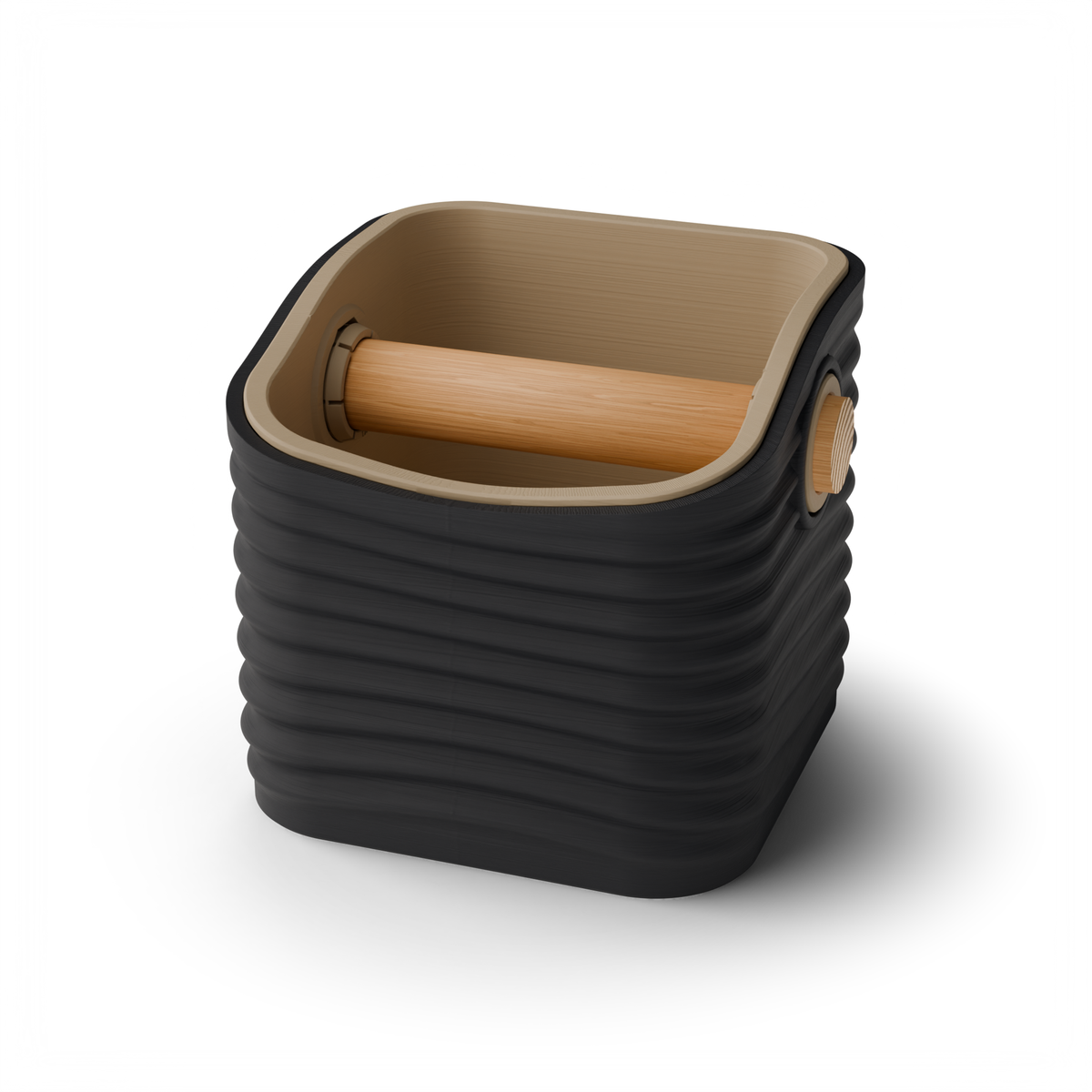Rippled Rounded Square Espresso Knock Box, Two-Tone with Oak Bar Charcoal Latte Brown