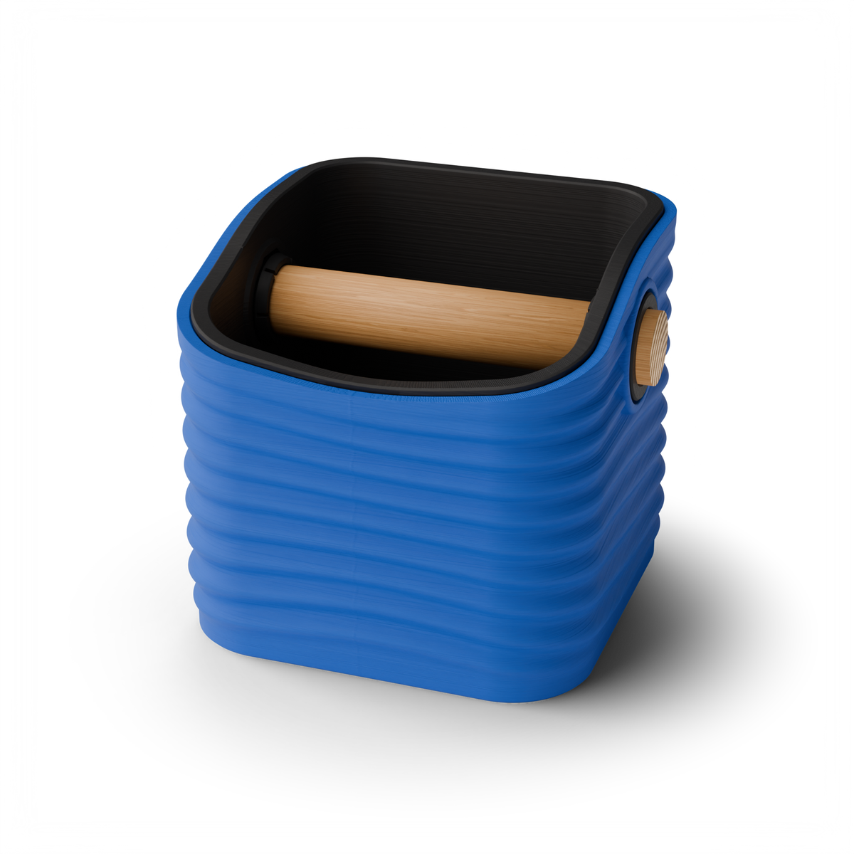 Rippled Rounded Square Espresso Knock Box, Two-Tone with Oak Bar Marine Blue Charcoal