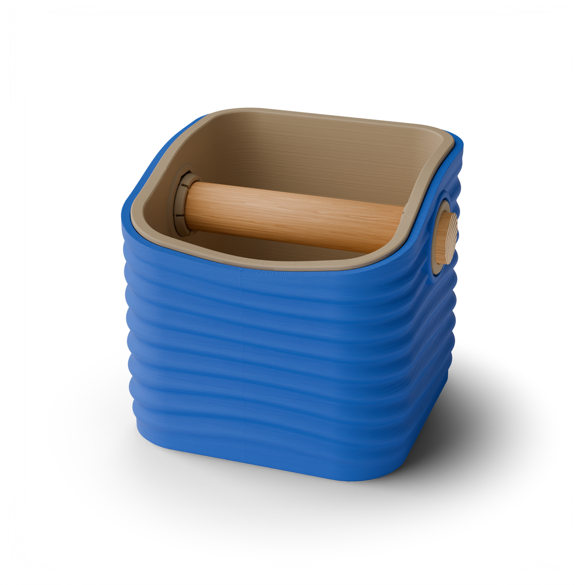 Rippled Rounded Square Espresso Knock Box, Two-Tone with Oak Bar Marine Blue Latte Brown