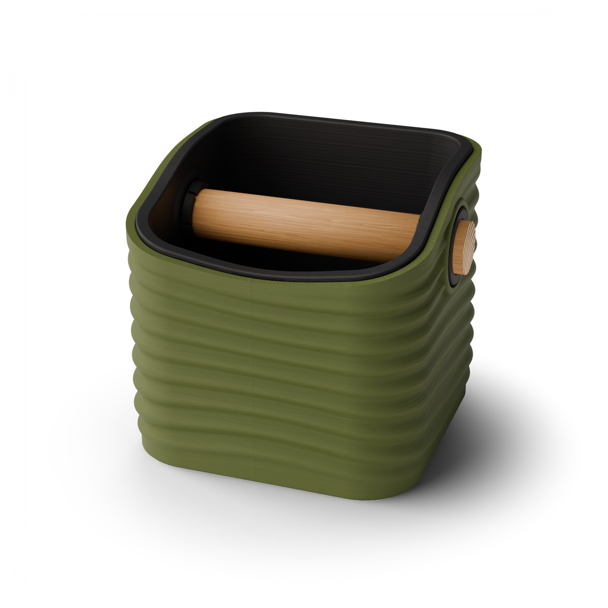 Rippled Rounded Square Espresso Knock Box, Two-Tone with Oak Bar Olive Green Charcoal