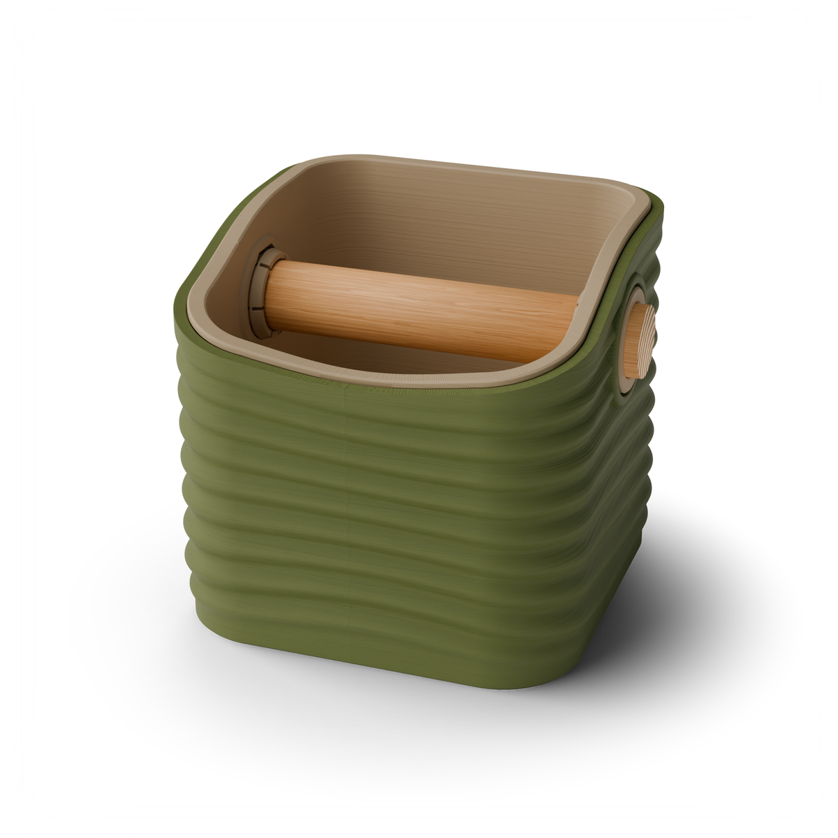 Rippled Rounded Square Espresso Knock Box, Two-Tone with Oak Bar Olive Green Latte Brown