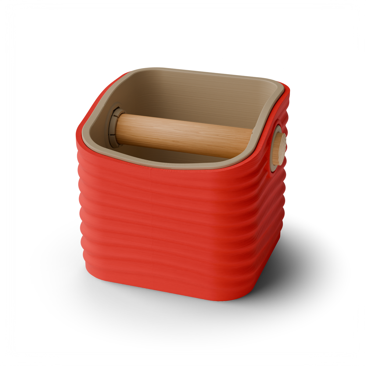 Rippled Rounded Square Espresso Knock Box, Two-Tone with Oak Bar Scarlet Red Latte Brown