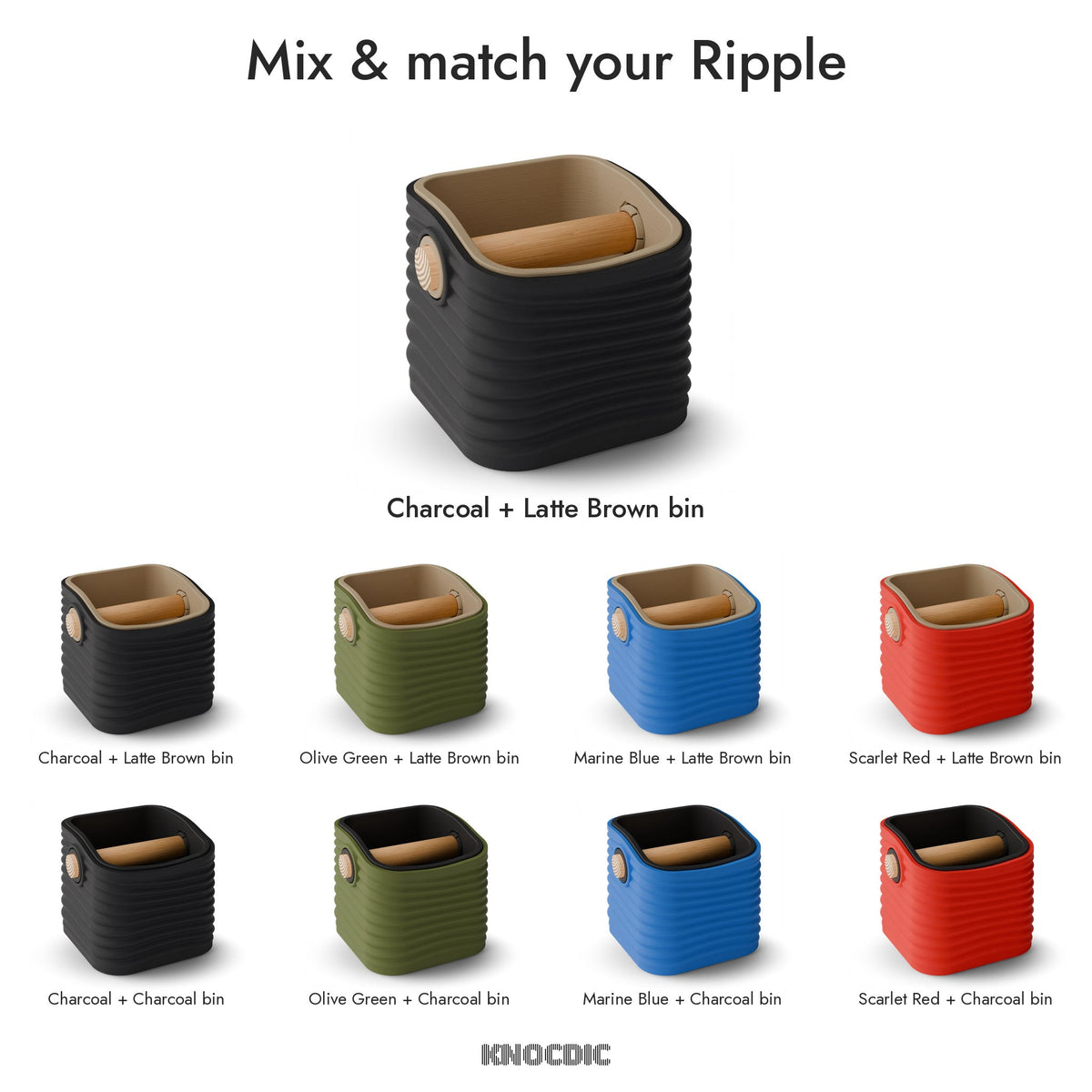 Rippled Square Tapered Espresso Knock Box, Two-Tone with Oak Bar