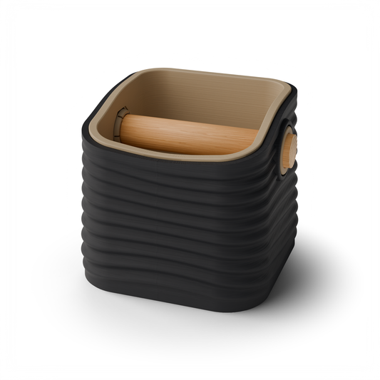 Rippled Square Tapered Espresso Knock Box, Two-Tone with Oak Bar Charcoal Latte Brown