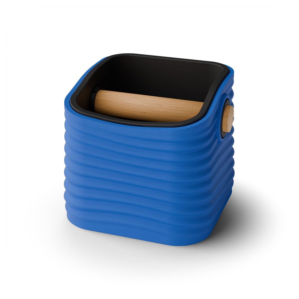 Rippled Square Tapered Espresso Knock Box, Two-Tone with Oak Bar Marine Blue Charcoal