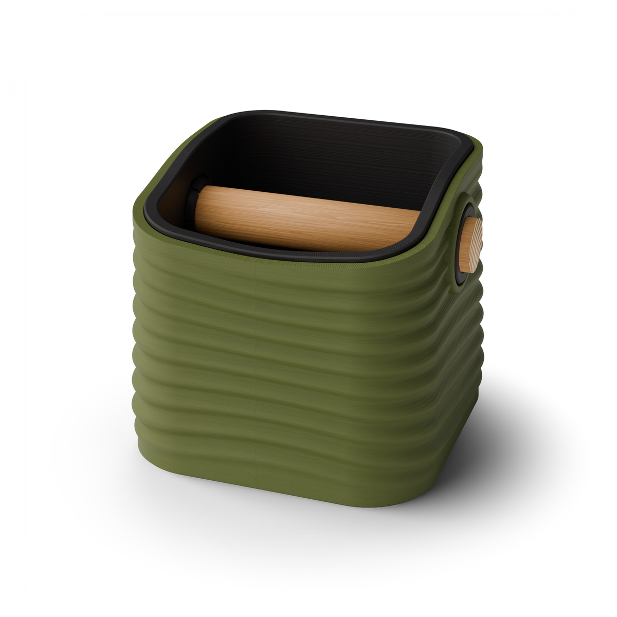 Rippled Square Tapered Espresso Knock Box, Two-Tone with Oak Bar Olive Green Charcoal
