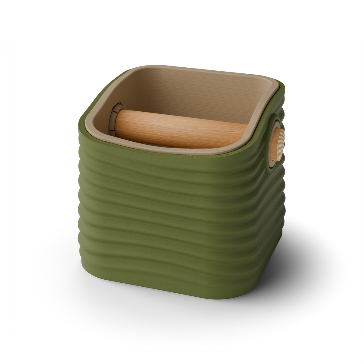 Rippled Square Tapered Espresso Knock Box, Two-Tone with Oak Bar Olive Green Latte Brown