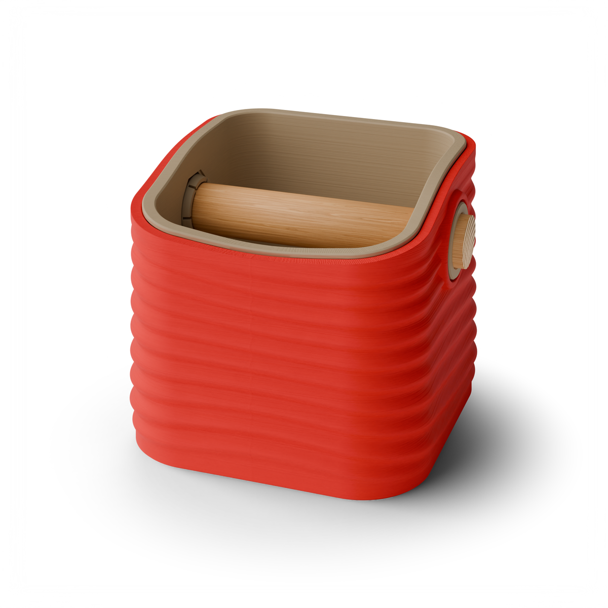 Rippled Square Tapered Espresso Knock Box, Two-Tone with Oak Bar Scarlet Red Latte Brown