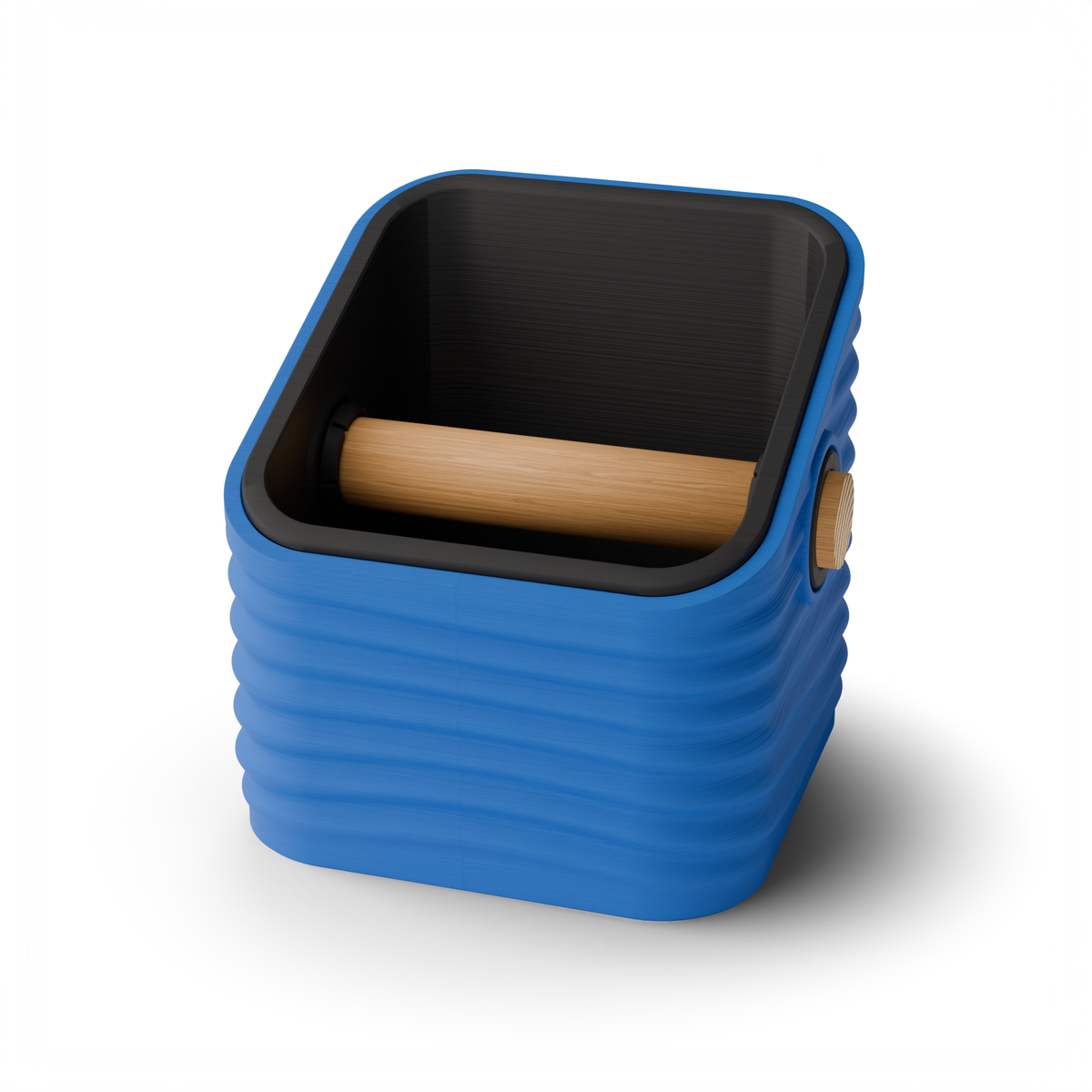 Rippled Square Angled Espresso Knock Box, Two-Tone with Oak Bar Marine Blue Charcoal