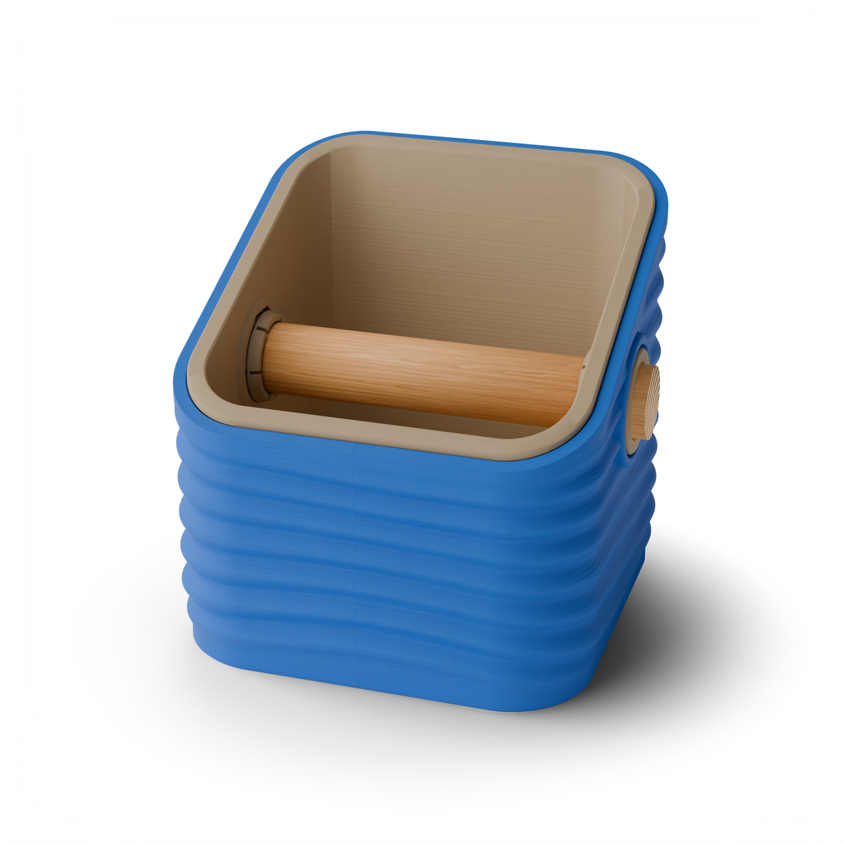 Rippled Square Angled Espresso Knock Box, Two-Tone with Oak Bar Marine Blue Latte Brown