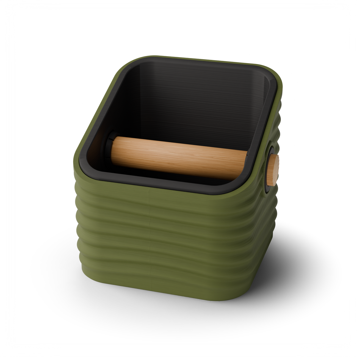 Rippled Square Angled Espresso Knock Box, Two-Tone with Oak Bar Olive Green Charcoal