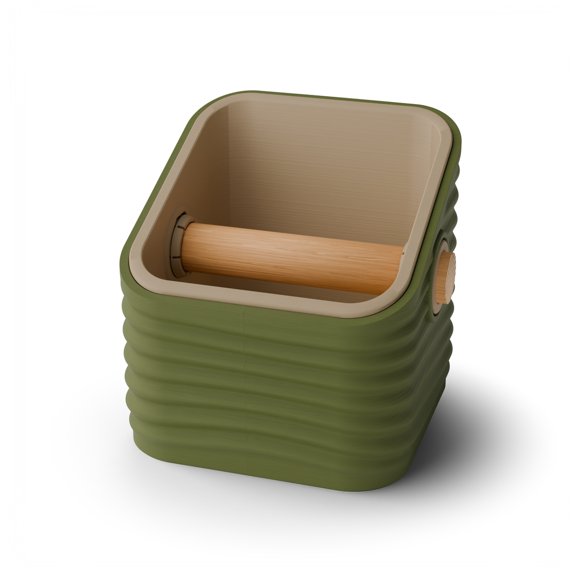 Rippled Square Angled Espresso Knock Box, Two-Tone with Oak Bar Olive Green Latte Brown